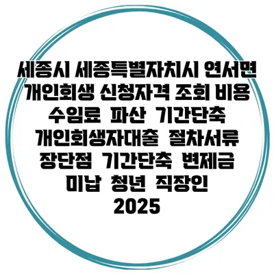 세종시 세종특별자치시 연서면 개인회생 신청자격 조회 비용 수임료 | 파산 | 기간단축 | 개인회생자대출 | 절차서류 | 장단점 | 기간단축 | 변제금 미납 | 청년 | 직장인 2025