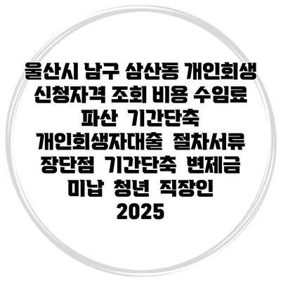 울산시 남구 삼산동 개인회생 신청자격 조회 비용 수임료 | 파산 | 기간단축 | 개인회생자대출 | 절차서류 | 장단점 | 기간단축 | 변제금 미납 | 청년 | 직장인 2025