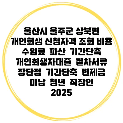 울산시 울주군 상북면 개인회생 신청자격 조회 비용 수임료 | 파산 | 기간단축 | 개인회생자대출 | 절차서류 | 장단점 | 기간단축 | 변제금 미납 | 청년 | 직장인 2025