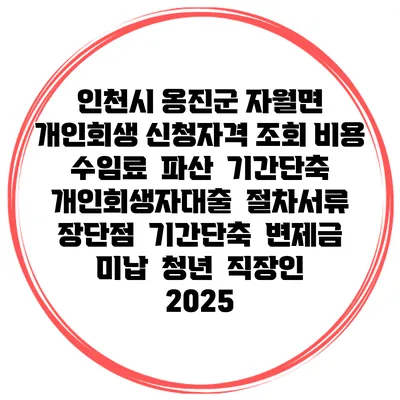 인천시 옹진군 자월면 개인회생 신청자격 조회 비용 수임료 | 파산 | 기간단축 | 개인회생자대출 | 절차서류 | 장단점 | 기간단축 | 변제금 미납 | 청년 | 직장인 2025