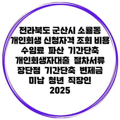 전라북도 군산시 소룡동 개인회생 신청자격 조회 비용 수임료 | 파산 | 기간단축 | 개인회생자대출 | 절차서류 | 장단점 | 기간단축 | 변제금 미납 | 청년 | 직장인 2025